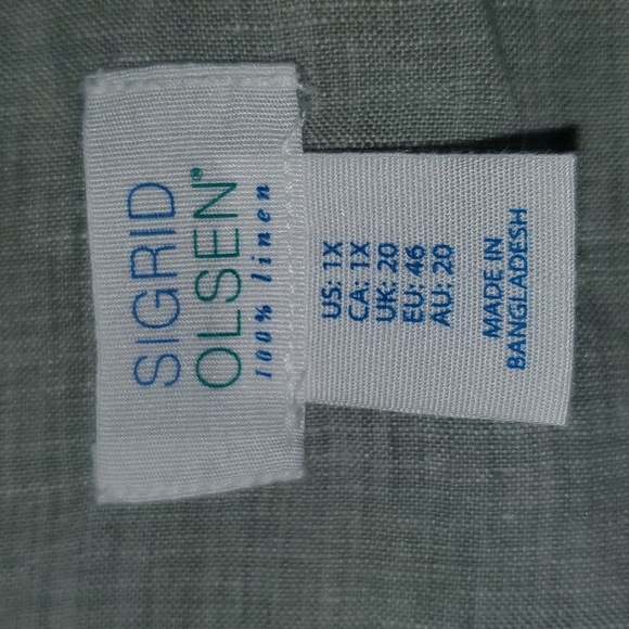 Sigrid Olsen 100% Linen Button Front Roll Tab Sleeve Top 1X Beachy Light Green - Picture 2 of 7